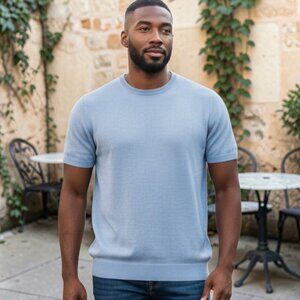 NWT THOMAS STERLING (LG) Crewneck Knit Short Sleeve Sweater in Steel Blue